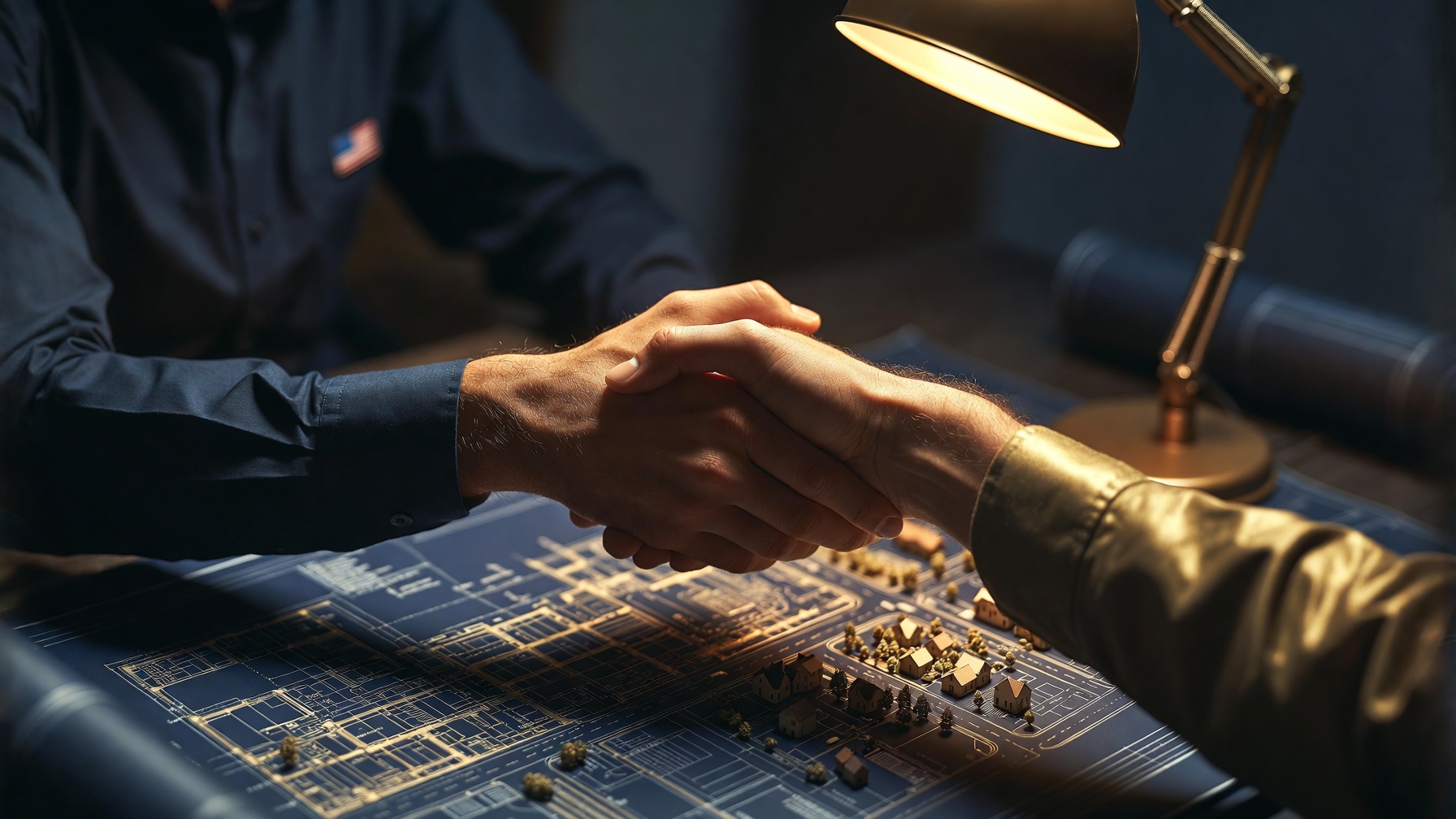 Handshake over architectural plans and a community site model