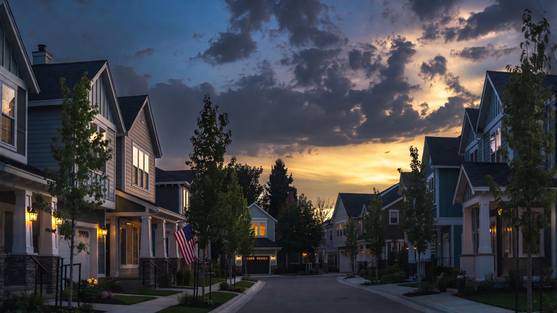 New contemporary family homes at dusk with porch lights and an American flag