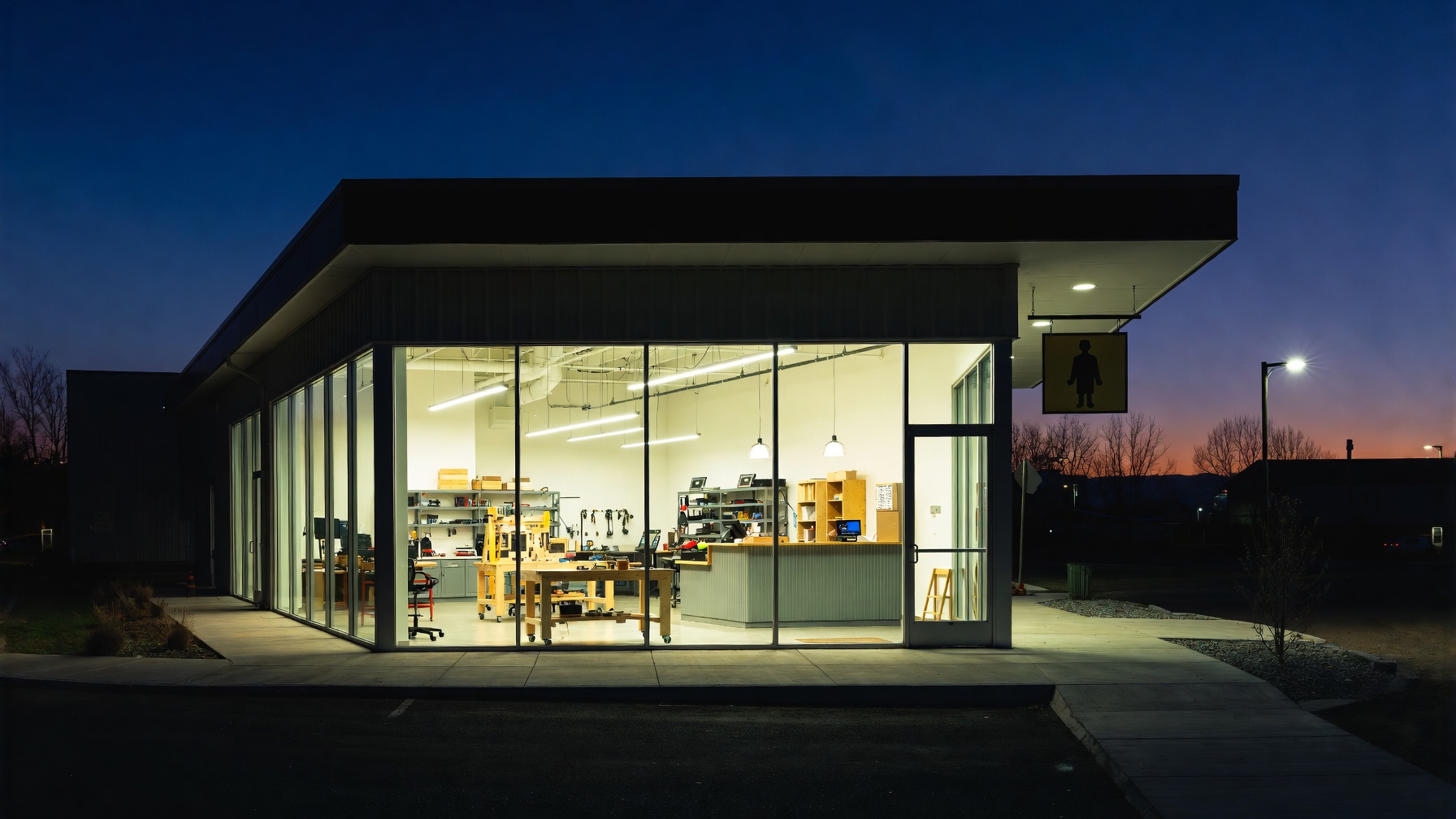 Veteran-owned workshop glowing at dusk through storefront glass